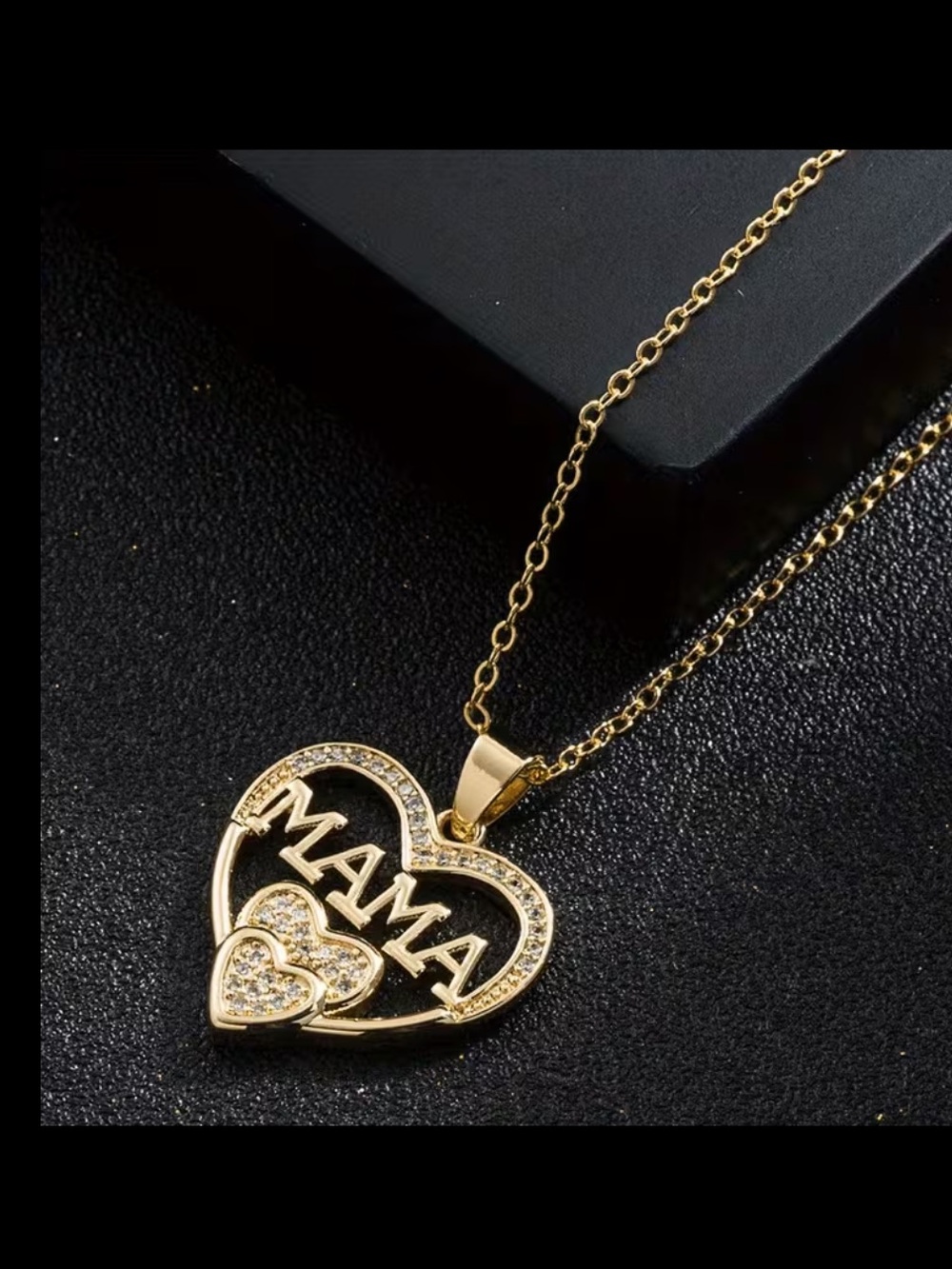 Gold MAMA Heart Necklace Rhinestone Style Mom Pendant